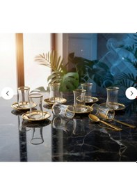 Resim 12 Parça 6 Kişilik Gold Metal Çerçeveli Çay Seti Bardak & Metal Tabak Takımı Beyaz 
