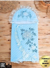 Resim %100 Pamuk Yenidoğan Pembe Kız Bebek Kundağı - Dantelli & Duvaklı Bebek Battaniyesi Mavi 