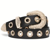 Resim Kadınlar için Punk Tarz Sahte Deri Kemer - Çivili ve Taşlı Grommet Detaylar, Ağır Hizmata Uygun Rock Stil Kuaförü & Yuvarlak Toka, Altın Tonu Donanım Siyahet/Altın ile Jeans Elbiseler Pantolonlara uygundur. Cadılar Bayramı, İngrid Maskelemesi Annelik günü Şık Hergünlük Özel Etkinliklerde Mevcut LCG Lucheney Vintage Tasarlama Ile Parlak Rhinstone Süslenmiş Dayankıl 
