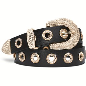 Resim Kadınlar için Punk Tarz Sahte Deri Kemer - Çivili ve Taşlı Grommet Detaylar, Ağır Hizmata Uygun Rock Stil Kuaförü & Yuvarlak Toka, Altın Tonu Donanım Siyahet/Altın ile Jeans Elbiseler Pantolonlara uygundur. Cadılar Bayramı, İngrid Maskelemesi Annelik günü Şık Hergünlük Özel Etkinliklerde Mevcut LCG Lucheney Vintage Tasarlama Ile Parlak Rhinstone Süslenmiş Dayankıl 