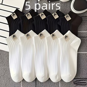 Resim 5 Çift Erkek Moda Crew Çorapları - Kokuya Dayanıklı, Rahat, Nefes Alabilen, Tüm Mevsimler İçin Polyester Karışımı, Makine Yıkanabilir, Düz Renkli ve Nervürlü Manşet Tasarımı, Günlük Çoraplar|Nefes Alabilen Çoraplar|Örgü Tekstür 