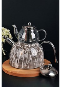 Resim Nishev Mermer Düdüklü Çelik Cam Çaydanlık Takımı Açık Kahve Kahverengi 