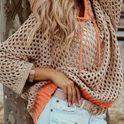 Resim Kadınlar İçin Bohem Renk Bloklu Kapüşonlu Kazak - Bol Kesim Yarı Şeffaf Açık İşlemeli Bağcıklı Kapşon, Düşük Omuz Kollu & Bej/Turuncu Kontrastlı İlkbahar/Yazlık Günlük Tatil Giyimi, Sevimli Kazak, Yaz Katmanlama Parçası, Orta Esneklikte Kumaş, Nefes Alabilen Malzeme, Boho Tarzı, Boho Tutkunları 