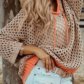 Resim Kadınlar İçin Bohem Renk Bloklu Kapüşonlu Kazak - Bol Kesim Yarı Şeffaf Açık İşlemeli Bağcıklı Kapşon, Düşük Omuz Kollu & Bej/Turuncu Kontrastlı İlkbahar/Yazlık Günlük Tatil Giyimi, Sevimli Kazak, Yaz Katmanlama Parçası, Orta Esneklikte Kumaş, Nefes Alabilen Malzeme, Boho Tarzı, Boho Tutkunları 