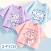 Resim Kızlar için Pembe, Mor ve Mavi Renkli Yazlık T-Shirt Seti - Sevimli Tavşan ve Karikatür Baskılı, Yumuşak Pamuk Kısa Kollu Tişörtler Gençler İçin, Koşu İçin Rahat Crew Neck Kazaklar, Rahat Yazlık Giyim|Oyuncağı Grafik Tişört|Kaliteli Kumaş Tişört 