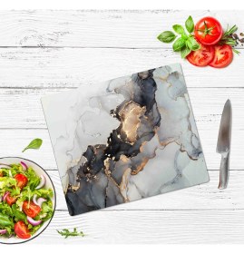 Resim Sabanbaba Dekoratif Cam Kesme Tahtası Siyah Yaldızlı MERMER30 x 40 cm | Cam Kesme Tablası 