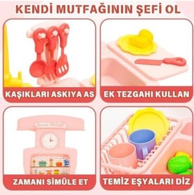 Resim Oyuncak Gerçek Su Akan Mutfak Lavabo Seti 28 Parça Aksesuarlı Pilli Su Devir Daimli Mavi Pembe Ahşap 