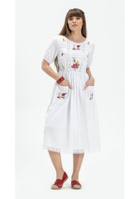 Resim Kısa Kol Şile Bezi Asiye Midi Boy Elbise Beyaz Byz 