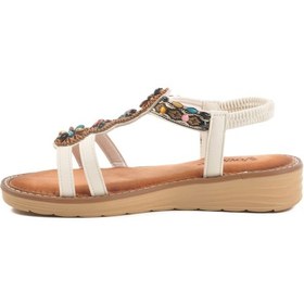Resim Voyager Beyaz Hakiki Deri Taş İşlemeli Kadın Düz Sandalet Çok Renkli 