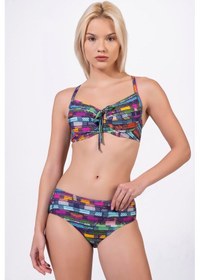 Resim Endeep Kadın Çizgi Desenli Özel Lurex Kumaşlı Balenli Destekli Bikini Takımı Mavi 