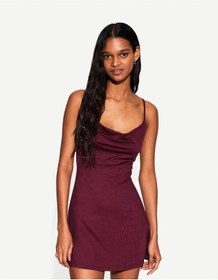Resim Bershka Degaje Yaka Mini Elbise Bordo 