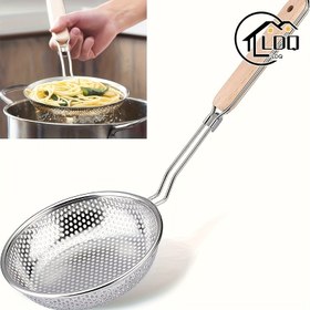 Resim LDQ Premium Paslanmaz Çelik Süzgeç Ahşap Saplı - Pişirme, Yiyecek Hazırlama & Yağ Filtreleme için İnce Gözenekli Süzgeç Kaşığı - Makarna & Noodle için İdeal, Restoranlar için Mükemmel 
