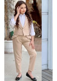 Resim Riccotarz Kız Çocuk Gümüş Düğme Detaylı Yelek Gabardin Beyaz Gömlek Krem Alt Üst Takım Krem 