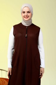 Resim Kadin Buyuk Beden Petek Kumaş Cepli Fermuarlı Düğmeli Yelek - Kahverengi / 3XL 