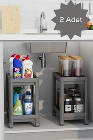 Resim Mithra Life 2 Adet 2 Katlı Tekerlekli Tezgah Altı Gri Banyo Mutfak Rafı MIT1124 