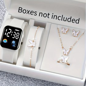 Resim 6 adet Kadın Moda Saati Sevimli Romantik Parti Dekorasyonu Kare Elektronik Saat ve Kelebek Bileklik Kolye Yüzük Küpe Seti Günlük Dekorasyon Arkadaş Hediyesi Okul Sezonu Doğum Günü Hediyesi En İyi Seçim Hediye Verme İçin 