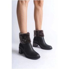 Resim Katya Fermuarlı Ortopedik Taban Topuklu Kürk Detaylıkadın Bot St - Siyah Siyah 