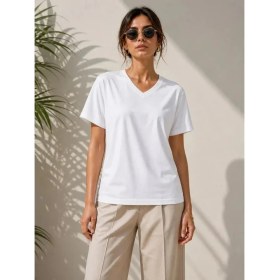 Resim Passense V Yaka Basic Tişört Kısa Kol Yazlık Regular Fit T-Shirt - Beyaz 