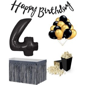 Resim 4 Yaş Siyah Balon Rakam Folyo Banner Mısır Kutusu Masa Eteği Do 