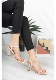 Resim Kadın Taşlı Krem Dress Topuklu Ayakkabı Stiletto Krem 