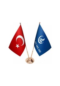 Resim Masa Üstü Ülkü Ocakları Bayrağı Türk Bayrağı İkili Pirinç Direk M 