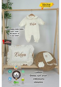 Resim Gros Shop Müslin Yeni Doğan 4katlı Organik %100pamuk Kişiye Özgü Nakışlı Hastane Çıkış Seti Papatya Model-9 Ekru-1 