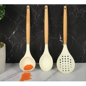 Resim Morponi 3'lü Bambu Saplı Silikon Mutfak Seti Kaşık Kepçe Kevgir Krem 