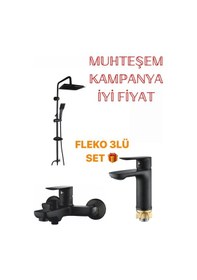 Resim Boheme Fleko 3lü Set Siyah Duş Seti, Siyah Banyo Ve Lavabo Bataryası Diğer 