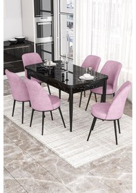 Resim Canisa Kor Serisi 70x114 Açılabilir Mutfak Masası Takımı Siyah Mermer Desen Masa 6 Pembe Sandalye Masa Siyah Mermer Desen Sandalye Pembe 