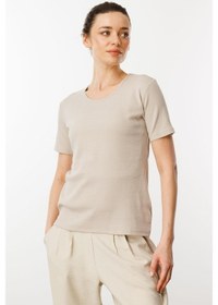 Resim Kadın Sıfır Yaka Kısa Kol Pamuk Kaşkorse T-shirt Bej Bej 