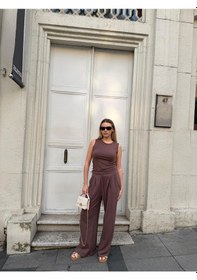 Resim Bonacosa Kadın Viskon 3 Lü Takım Kimono + Beli Lastikli Salaş Pantolon + Sıfır Kol Kolsuz 8 Renk Kahverengi 