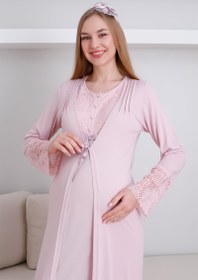 Resim Hamile Kısa Kol Gecelik & Sabahlık Takım / Dantel ve Düğmeli Hamile Giyim - 2291 - Ekru / L / Terlik ve Taç İstemiyorum 