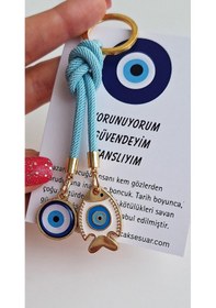 Resim Hediyelik Çift Nazar Boncuklu Açık Mavi Şans Balık Anahtarlık 10,5 Cm 