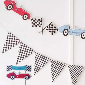 Resim Yarış Araçları Temalı 3'lü Set: Pasta Süsü, Duvar Banner ve Üçgen Damalı Bayrak 