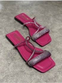 Resim Günlük Kadın Terlik Çapraz Taşlı Tek Bantlı Küt Burunlu Alçak Topuklu Rahat Taban Hafif Yazlık 19 Fuşya 