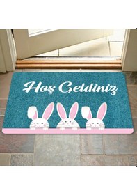 Resim Dijital Baskılı Kapı Önü Paspas Hoşgeldiniz Yazılı Çiçek Desen Ve Tavşan Iç Ve Dış Kapı Yıkanabilir Yeşil 