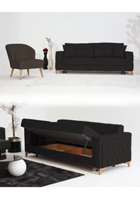 Resim Nola Koltuk Takımı 3+1 & Bazalı Yataklı Koltuk & Kanepe - Keten Krem-siyah 