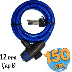 Resim Badem10 Bisiklet Halat Zincir Kilit 150 cm Motosiklet Çelik Kilit Çap 12 mm Ø Hırsız Önleme Güvenlik 1 Adet 
