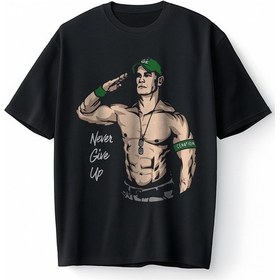 Resim Bumeta John Cena Never Give Up Selam Amerikan Güreşi Oversize Unisex Tişört T-shirt Siyah 
