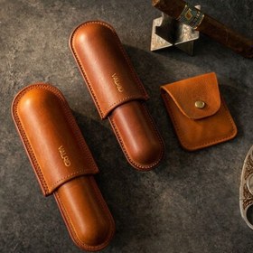 Resim El Yapımı Premium Deri Puro Kılıfı - Camel / Üçlü 