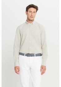 Resim Erkek Bej Beyaz %100 Pamuk Slim Fit Dar Kesim Düğmeli Yaka Çizgili Gömlek Bej Beyaz 