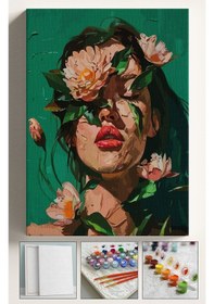 Resim Sayılarla Boyama Seti Numaralı Tuval Fırça Boya Dahil Kasnaklı Set 40x50 Cm - Yeşil Çiçek Kadın 