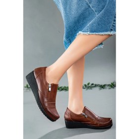 Resim Dilimler Ayakkabı Fermuarlı Cilt Taba Kadın Günlük Dolgu Taban Ayakkabı 