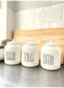 Resim 3lü Seramik Sugar Tea Coffee Kavanoz Seti Kapaklı Tezgah Üstü Saklama Kavanozu 1400 Ml Beyaz 