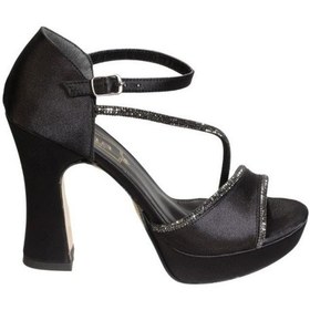 Resim Yazkış Kadın Siyah Saten Kalın Bantlı Taşlı 11cm Kalın Topuklu Önü Platform Düğün Nişan Abiye Ayakka 001 