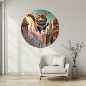 Resim Uçan Sevimli Kedi Şehir Manzarası Yuvarlak Cam Tablo - MODY058 - 35 x 35 cm 
