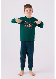 Resim Arnetta 3131 Garson Noel Let İt Snow Erkek Çocuk Yeşil Uzun Kol Pijama Takım 001 