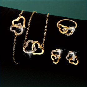 Resim Vintage Esintili Takı Seti - Rhinestone Süslemeli - Kolye, Küpe, Zincir Bağlantı ve Yüzük Dahil, Alaşım Yapımı, Kaplama Yok - Günlük Giyim İçin Zamansız Aksesuar, 5 Parça Set 