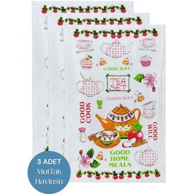 Resim 3lü Paket Baskılı Beyaz Mutfak Havlusu Modeli Good Day 