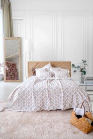 Resim İskandinav Yatak Örtüsü Seti Çift Kişilik Set Bohem Punch Panç Desen Elda Bej Renkli 